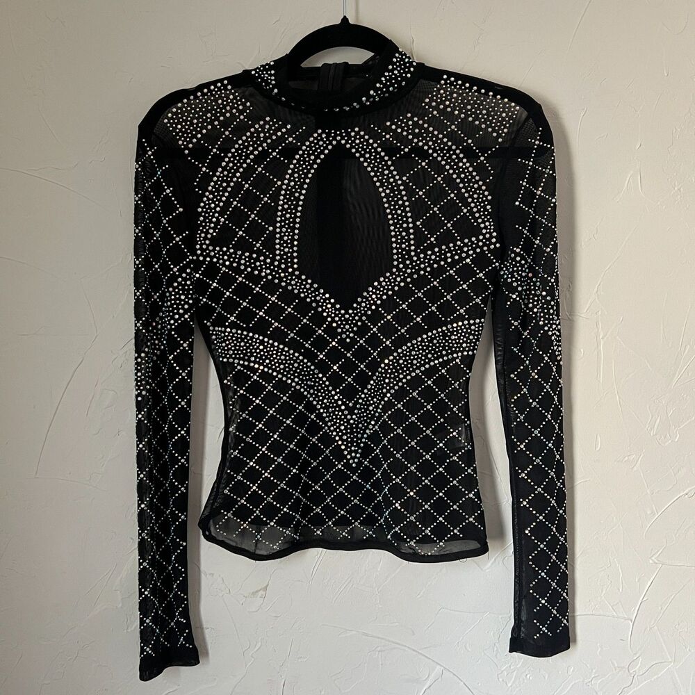 Y2K‎ Festival Glam Sheer Blue Buttercup Black Rhinestone Mesh Long Sleeve Top M